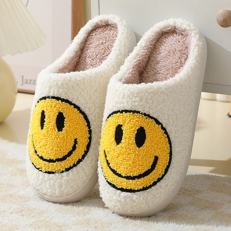 Smiling face autumn/winter furry couple cotton slippers women's bags cute thick soles cartoon anti slip interior for home use