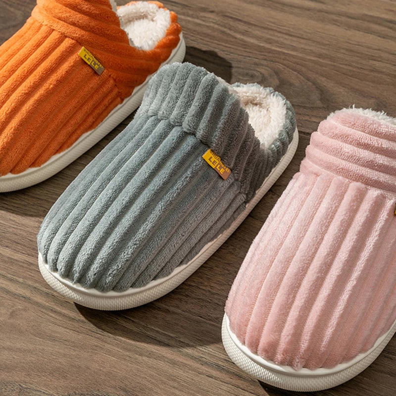 Winter Unisex Concise Solid Color Flat Plush Slippers Non-slip Warm Fluffy Mule Slides For Women Men Home Casual Cotton Shoes