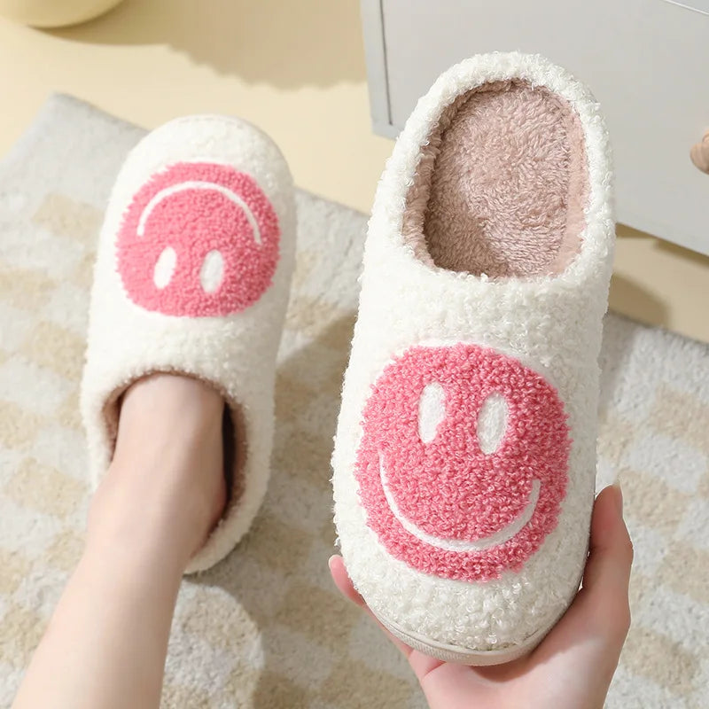 Smiling face autumn/winter furry couple cotton slippers women's bags cute thick soles cartoon anti slip interior for home use