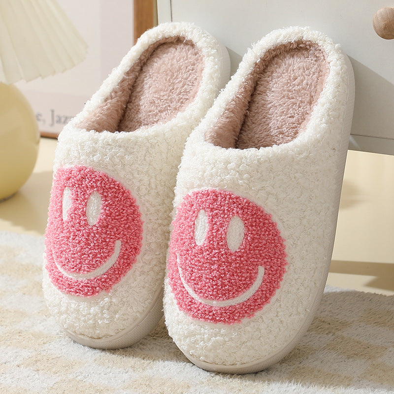 Smiling face autumn/winter furry couple cotton slippers women's bags cute thick soles cartoon anti slip interior for home use