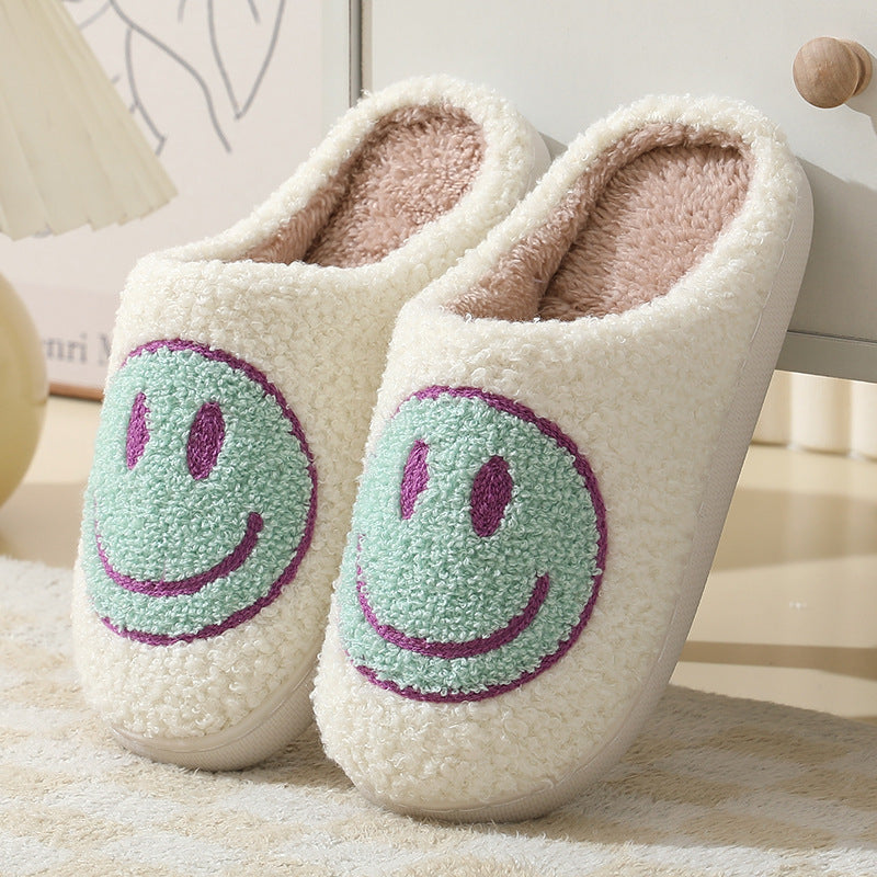 Smiling face autumn/winter furry couple cotton slippers women's bags cute thick soles cartoon anti slip interior for home use