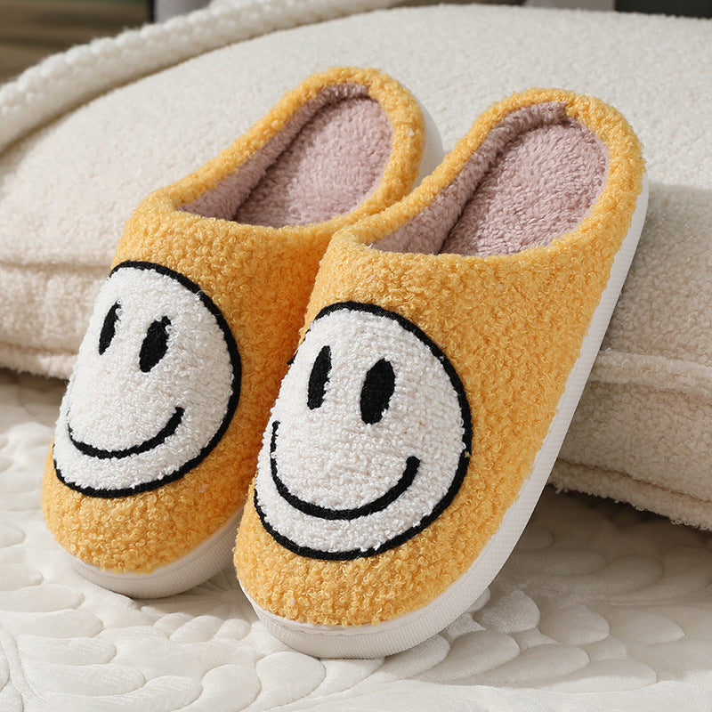 Smiling face autumn/winter furry couple cotton slippers women's bags cute thick soles cartoon anti slip interior for home use