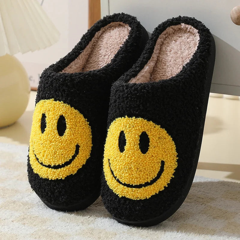 Smiling face autumn/winter furry couple cotton slippers women's bags cute thick soles cartoon anti slip interior for home use