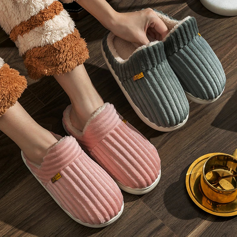 Winter Unisex Concise Solid Color Flat Plush Slippers Non-slip Warm Fluffy Mule Slides For Women Men Home Casual Cotton Shoes