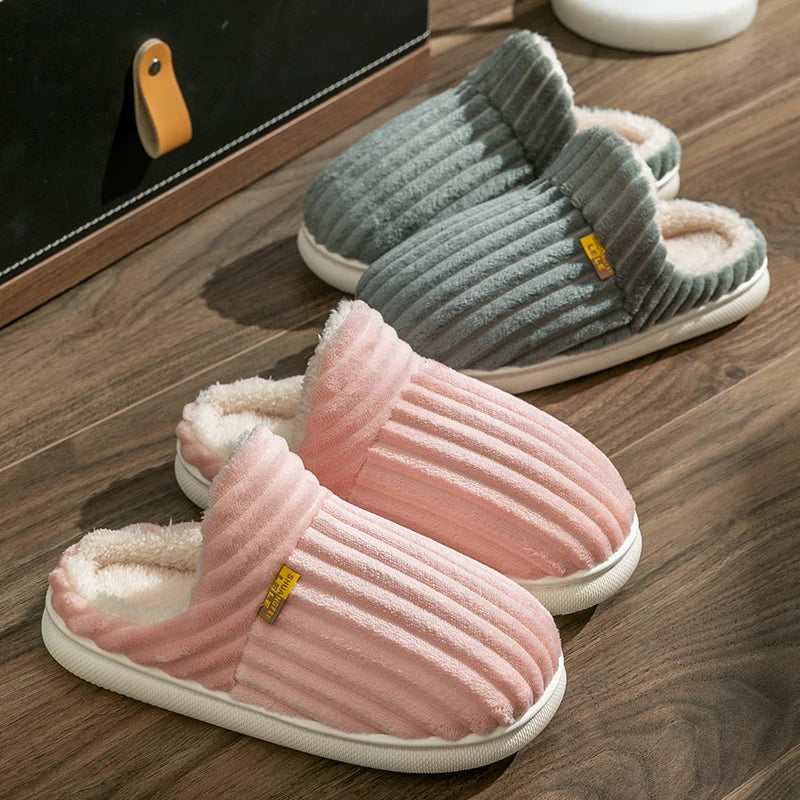 Winter Unisex Concise Solid Color Flat Plush Slippers Non-slip Warm Fluffy Mule Slides For Women Men Home Casual Cotton Shoes