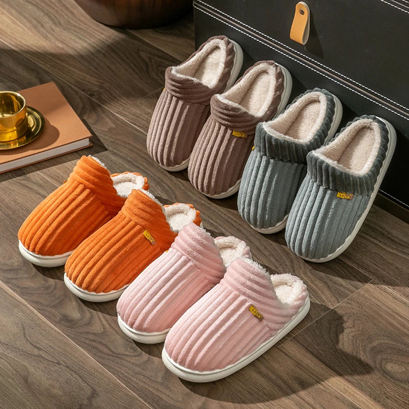 Winter Unisex Concise Solid Color Flat Plush Slippers Non-slip Warm Fluffy Mule Slides For Women Men Home Casual Cotton Shoes