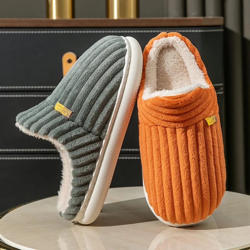 Winter Unisex Concise Solid Color Flat Plush Slippers Non-slip Warm Fluffy Mule Slides For Women Men Home Casual Cotton Shoes