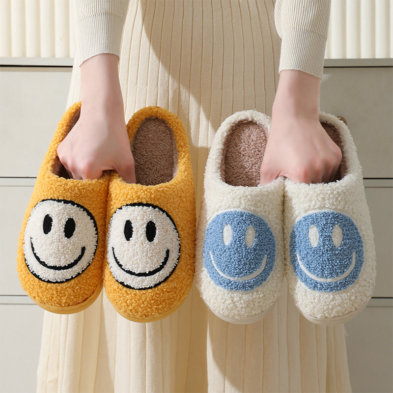 Smiling face autumn/winter furry couple cotton slippers women's bags cute thick soles cartoon anti slip interior for home use