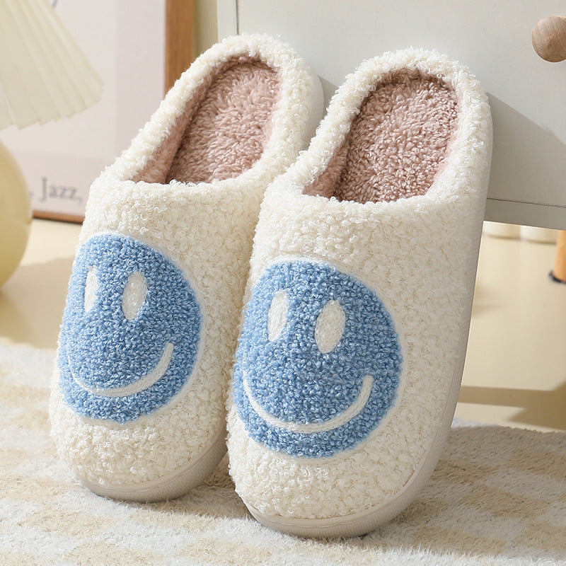 Smiling face autumn/winter furry couple cotton slippers women's bags cute thick soles cartoon anti slip interior for home use