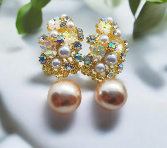 Floral Pearl Earrings Adorned With Shimmering Crystals